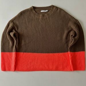 Lush Colorblock Ribbed Knit Sweater Olive Brown & Neon Salmon Size S
